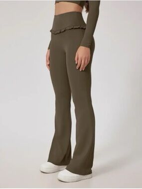 High-Waist Olive Flare Pants with Ruffle Detail